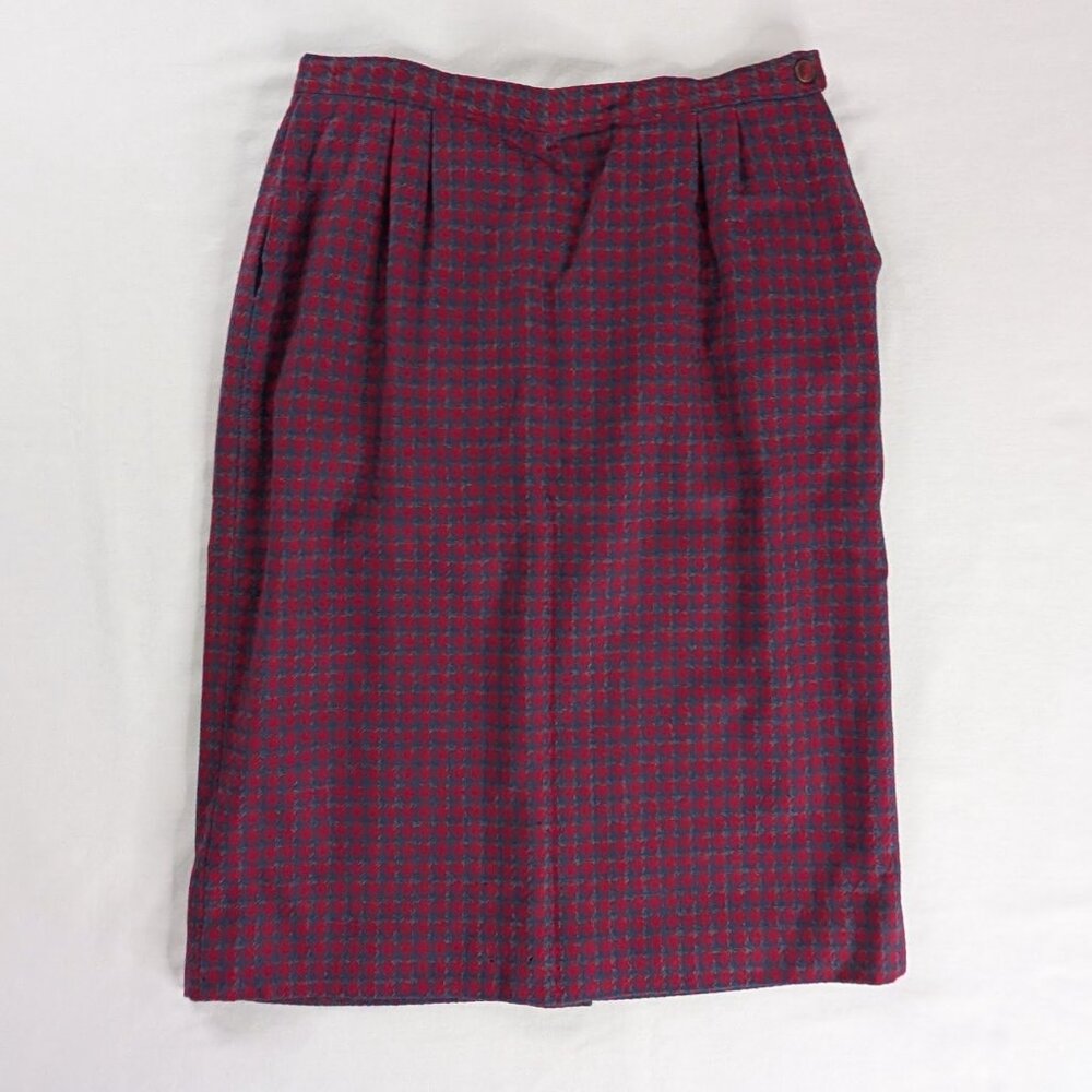 VTG Pendleton Red Gray Houndstooth Plaid Wool Pleated Lined Midi Skirt